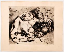 Kiss Terézia (1928-): Banán. Rézkarc, karton, jelzett, üvegezett keretben, 29×34 cm