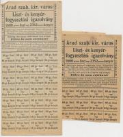 Arad 1916. 6db élelmiszerjegy (liszt, kenyér, cukor), egyik lapon az összes szelvény megvan, a többi...