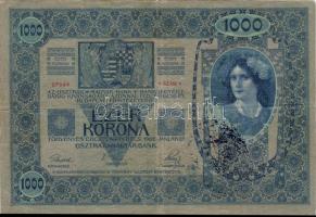 1902. 1000K jugoszláv ellenbélyeggel, azon magyar nyelvű bélyegző + baloldalon másfajta magyar bélyegző T:III