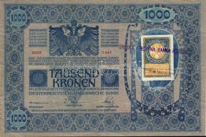 1902. 1000K jugoszláv ellenbélyeggel, azon magyar nyelvű bélyegző + baloldalon másfajta magyar bélye...
