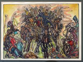 Batthyány Gyula (1887-1959): Lovas roham. Színezett litográfia, papír, jelzett a liton, üvegezett keretben, 18×22 cm