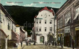 Brassó, Kronstadt, Brasov; Cérna utca, Nemzeti Bank, Heinrich Zintz üzlete / street, national bank, shops