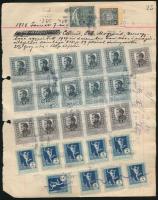 1928 Forgalmiadó-könyvből kitépett lap két oldalán összesen 49 db forgalmi adó okmánybélyegek