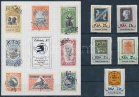 South Africa, Liberia 1989-1990 Stamp on stamp motive set + block, Dél Afrika, Libéria 1989-1990 Bélyeg a bélyegen motívum 1 db sor + 1 db blokk