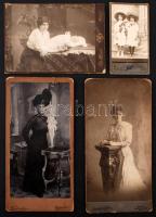 cca 1900 Különböző keményhátú kabinetfotók vegyes méretben és minőségeben, Székely és Tsa, Kalmár, Pátz Hermin, 4db
