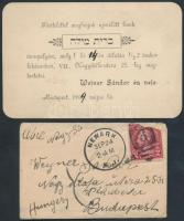 1909-1925 Judaika nyomtatványok: meghívó újszülött fiú ünnepélyére, újévi üdvözlő kártya,2db, 7x11cm, 4,5x9cm/ 1909-1925 Judaica forms: Invitation for a newborn boy celebration, new year greeting cards, 2pz, 7x11cm, 4,5x9cm