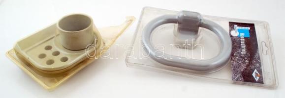 Fürdőszobai tartó szett: Fokefe- és szappan, valamint vécépapír-tartó, műanyag, eredeti, kicsit sérült csomagolásában