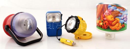 4 db lámpa: nagy teljesítményű kézi lámpa, zseblámpa, szivargyújtóról tölthető zseblámpa, mágneses tapadófelülettel, Micimackó motívumos kislámpa