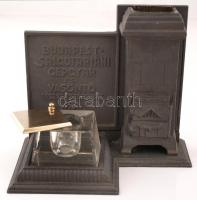 Dekoratív, asztali öntöttvas írószer- és tintatartó, "Budapest-Salgótarján Gépgyár és Vasöntő Részvénytársulat", m: 15,5 cm /  Decorative, cast iron table standish and ink-well, with "Budapest-Salgótarján Machine Factory and Foundry Inc." insription on it, h: 15,5 cm