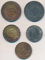 Német 3. Birodalom 1937F 10pf Br + 1939D 1pf Br + 5pf Al-Br + 1941A 10pf Zn + 1944A 1pf Zn T:2- German Third Reich 1937F 10 Pfennig Br + 1939D 1 Pfennig Br + 5 Pfennig Al-Br + 1941A 10 Pfennig Zn + 1944A 1 Pfennig Zn C:VF