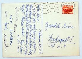 A. Tóth Sándor (1904-1980): Újévi üdvözlőlap (1970), színezett linómetszet, saját kézírással elküldv...