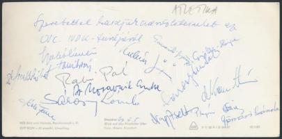 1966-os atlétikai csapat tagjainak ( Rabi Pál, Sárosy László, Nagy Zsolt stb.) aláírása az OSC-NDK rendezvényről egy  Egri Gyula MTS elnöknek címzett képeslapon
