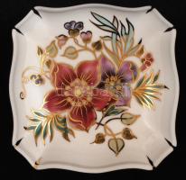 Zsolnay virág mintás bonbonier, kézzel festett, jelzett, hibátlan, eredeti dobozában, 10×10 cm