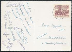 1962-os cselgáncs válogatott tagjainak (Galambos, Káli, Béres, stb.) aláírása Essenből az Európa Bajnokságról egy Egri Gyula MTS elnöknek címzett képeslapon