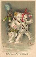 Boldog új évet! Pezsgőző hóemberek / New Year greeting card with snowmen drinking champagen. Pittius litho s: Georg Hülsse