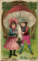 1903 Újév / New Year, mushroom Emb. litho silk card