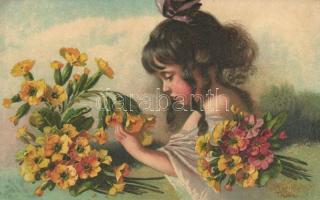 Girl with flowers, Wenau-Pastell No. 892. s: Maxim Trübe, Lány virágokkal. Wenau-Pastell No. 892. s: Maxim Trübe