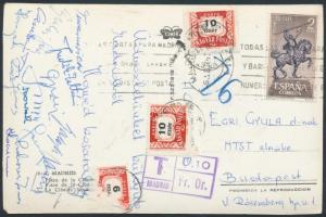 cca 1960 Honvéd Kosárcsapat aláírása (Judik, Gyulai, Rácz, Temesvári, stb.) Madridból egy Egri Gyula MTS elnöknek címzett képeslapon