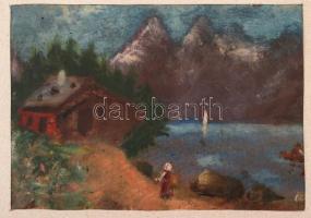 Jelzés nélkül: Alpesi táj, olaj, papír, paszpartuban, üvegezett fa keretben, 12×17,5 cm