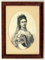 cca 1880 Wittelsbach Erzsébet királyné portréja, nyomat, ovális paszpartuban, üvegezett fa keretben, 26×19 cm
