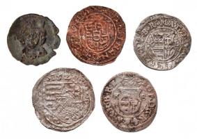 5db-os denár tétel (2db hamis), közte 1617K-B Denár Ag "II. Mátyás" előlapi duplaveret (0,...
