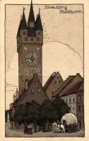 Straubing, Stadtturm; Künstler Stein-Zeichnung / city tower, art postcard