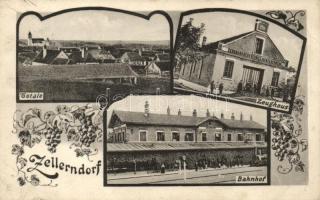 Zellerndorf, Zeughaus der freiwilligen Feuerwehr, Bahnhof; Verlag von Alex J. Klein / fire station, railway station; vine leaves (Rb)