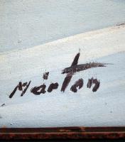 Márton Béla (1913-2005): Havas téli táj, olaj, vászon, jelzett, díszes fa keretben, 58×79 cm