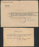 1940-43 Judaika témájú okmányok, 2db: Tábori zs. munkásszázad parancsnokság által kiadott eltávozási engedély munkaszolgálatosnak, igazolás tart. kisegítő munkás hadműveleti területen való eltűnéséről