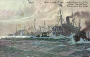 Österr-ungar. Flieger bombardieren mit Erfolg einen französischen Transport in der Adria / WWI. Austro-Hungarian military aircrafts bombing a French battleship in the Adria, B.K.W.I. s: s: Alex Kircher
