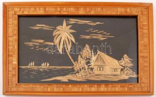 Nádból készült dekoratív keleti életképes kompozíció, üvegezett fa keretben, 28,5×41 cm