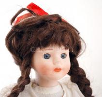 Porcelán fejű, kezű és lábú fehér ruhás baba, jelzett, h: 40 cm