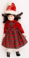 Porcelán fejű, kezű és lábú piros kockás ruhás baba, jelzett, h: 42 cm
