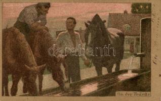 An der Tränke, Hubert Köhler litho s: P. Hey (small tear)