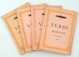 4 db Verdi-kottája: Rigoletto, Opern-Arien, Aida, Troubadour. Szerk. Soldan, Kurt. Leipzig, é. n., C. F. Peters (Edition Peters 1379., 2185., 4249., 4253.). Papírkötésben, példányonként változó, nagyrészt jó állapotban.