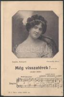 cca 1900 Haraszthy Mici Szenes fotóján Még visszatérek c. dal kottája kihajthatós levelezőlapon, 14x9cm