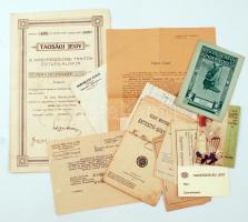 cca 1917-21 Vegyes nyomtatvány tétel: Tagsági jegy, reklámkártya, fejléces papír, számla, postautalvány és más érdekes nyomtatványok