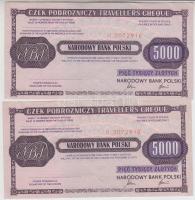 Lengyelország 1990. 5000Zl "Magyar Nemzeti Bank Emissziós Főosztály" bélyegzéssel (2x) egyugrású sorszámmal T:I-,II Poland 1990. 5000 Zlotych with "Magyar Nemzeti Bank" stamp (2x) and almost sequential serials C:AU,XF