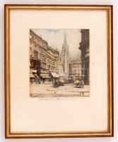 Robert Kasimir (1914-2002): Stephansdom, Bécs, színezett rézkarc, papír, jelzett ("Raoul Kasimir"), üvegezett fa keretben, 12,5×11,5 cm