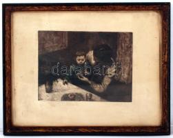 Szőnyi István (1894-1960): Anya a gyermekével, rézkarc, papír, jelzett, üvegezett fa keretben, 17×23 cm