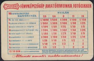 1955 OFOTÉRT Fényképzőgép, amatőrmunka, fotócikkek kártyanaptára, felületén hajtásnyommal, 10x7 cm
