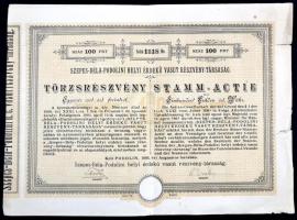 Podolin 1893. "Szepes-Béla-Podolini Helyi Érdekű Vasut Részvény-Társaság" törzsrészvénye 100 osztrák értékű Ft-ról teljes szelvényívvel T:III szakadás Hungary / Podolin 1893. "Corporation of the Local Railway of Szepes-Béla-Podolin" common stock about 100 Gulden with coupons C:F tear