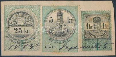 1870 Hirdetvény bélyeg 1kr + okmánybélyeg 5kr és 25kr 1 kivágáson