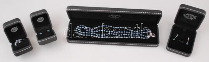 ES Jewelry, fekete gyöngy készlet, fehér és sárga arany (14 K) gyűrűvel és fülbevalóval, nyakláncon csiszolt szintetikus medállal, mindegyik eredeti dobozában, összesen:4 db