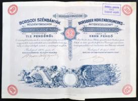 Budapest 1926. "Borsodi Szénbányák Részvénytársaság" 10 részvénye egyenként 10P-ről szelvényekkel, felülbélyegzéssel T:II-