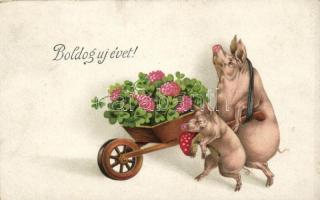 1914 Boldog Új évet! Malacok lóherés talicskával és gombával / New Year greeting card with pigs, clover and mushroom