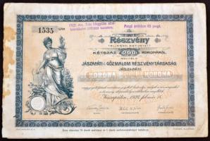 Jászapáti 1923. "Jászapáti Gőzmalom Részvénytársaság" részvénye 200K-ról szelvényekkel, felülbélyegezéssel és szárazpecséttel T:III,III-