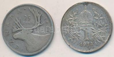 Vegyes: Ausztria 1914. 1K Ag "Ferenc József" + Kanada 1941. 25c Ag T:2- Mixed: Austria 1914. 1 Corona Ag "Franz Joseph" + Canada 1941. 25 Cents Ag C:VF