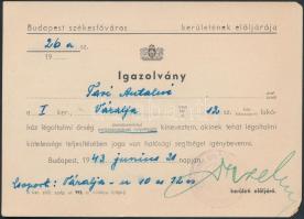 1943 Légoltalmi igazolvány parancsnok helyettes részére kiállítva, 10,5x15cm