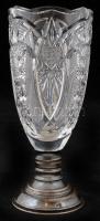 Ezüst (Ag.) talpas ólomkristály váza, csiszolt, jelzett, jó állapotban, m:19,5 cm